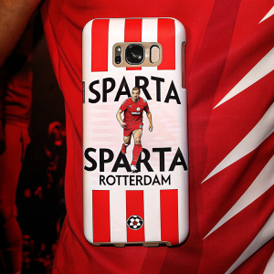 Custom Samsung Galaxy S8 case showcasing Sparta Rotterdam. Vibrant red stripes. Centered, the club's player in motion, with 'SPARTA' prominently displayed and the full club name.