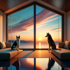 A Cat and a large husky Dog are watching the view from the window at sunset in a large spacious room of a 3D house.