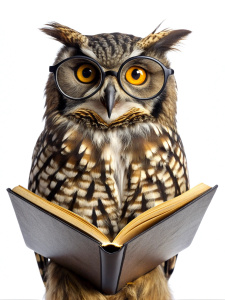 Owl wearing glasses reading a book