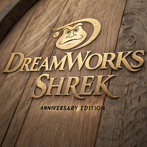 A close-up image of the DreamWorks logo, carved in rustic wood. The text 'Shrek' and 'DreamWorks' are prominently displayed in golden hue, with 'Anniversary Edition' in smaller font beneath. The wood grain texture is clearly visible.