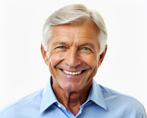 a closeup photo portrait of a handsome old mature man smiling with clean teeth isolated on white background