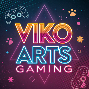 Promotional poster for Viko Arts Gaming. Neon colors, energetic design, featuring the brand name and gaming elements. Dark and vibrant tones blend to create a modern, edgy aesthetic. Emphasizes creativity and excitement.