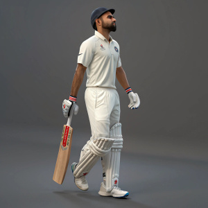 Virat Kohli, digital 3D model, cricket uniform. Simple, plain gray background