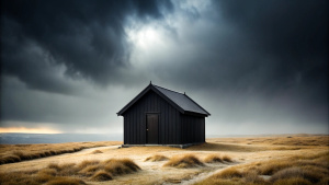 a Swedish wooden hut in a lonely landscape , very minimalistic, black background, foggy and stormy weather , style minimalistic , realistic style , wide angel photography