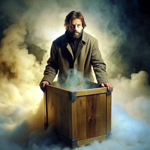create a cover for this story: 
A postmodern sorcerer embarks on a perilous venture, enclosing himself within an air-tight crate destined for South America. The ominous outcome of this highly hazardous feat remains shrouded in mystery until he has long vanished on his journey.