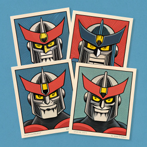 Vintage manga inspired poster featuring a collage of Mazinger Z trading cards. Each card showcases a detailed close-up of the robot's face, displaying an intense expression with fierce yellow eyes. The background is a solid blue, creating a serene contrast to the angry robot faces. The style is reminiscent of retro Japanese trading cards with a modern twist.