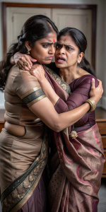two indian angry women  tight bearhug wrestling pose face to face in saree