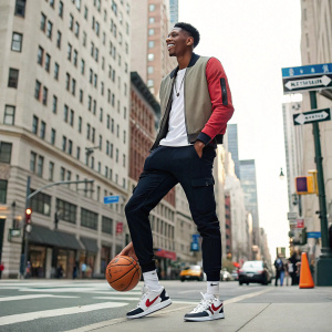 RJ Barrett, NBA player, in casual wear. Street style photo shoot, urban background.