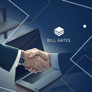 Bill Gates quote graphic. Dark blue background with geometric shapes. Close-up of hands shaking and a laptop partially visible.