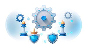 Business Process, gears and Shields, and chess pieces in a background
