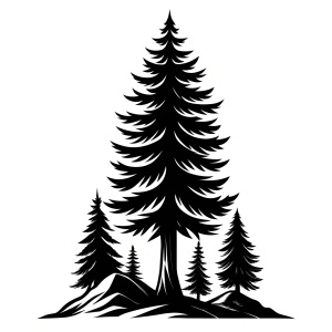 pine tree silhoutte drawing, clean simple lines, black and white