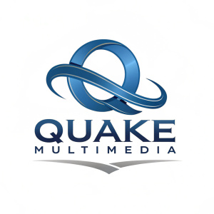 Quake Multimedia logo featuring a sleek, metallic blue stylized 'Q' intertwined with the company name in a modern sans-serif font, creating a dynamic and contemporary design.
