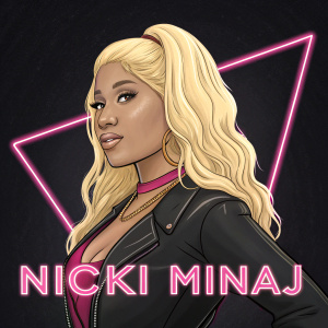 Digital art piece featuring Nicki Minaj. She has blonde hair, posing confidently. Cartoonish yet realistic, set against a black background with neon pink accents. Title 'NICKI MINAJ' in bold letters at bottom.