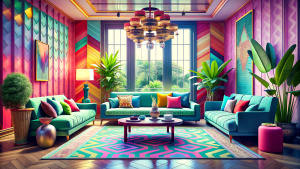 Generate a vibrant and eclectic living room with a mix of patterns, colors, and statement furniture pieces.