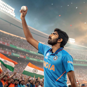 Cricket star Jasprit Bumrah, wearing the iconic number 93 jersey, amidst a vibrant stadium. His intense gaze fixed on the ball, surrounded by a sea of cheering fans.