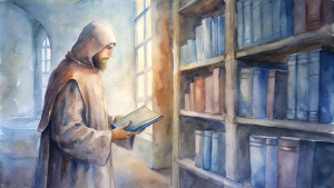A monk of the Russian Orthodox Church in a hood stands in the city library and chooses a book