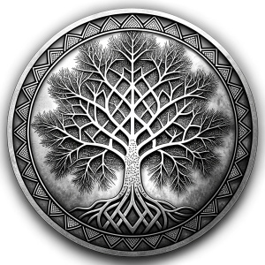 Nordic weapons yggdrasil trees pattern vegvisir symbol –  high-definition design grey and black, realistic tattoo design, white background