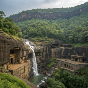 Ancient Ellora Caves, carved into the mountainside, with cascading waterfall and dense forest surrounding the intricate rock formations.