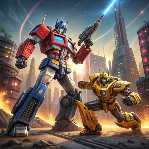 Box art showcasing Optimus Prime and Bumblebee in battle stance. Transformers: Earthrise toy line