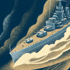 Detailed 1/350 scale model kit of the IJN Cruiser Haguro. Box showcases a majestic gray warship battling through stormy seas.