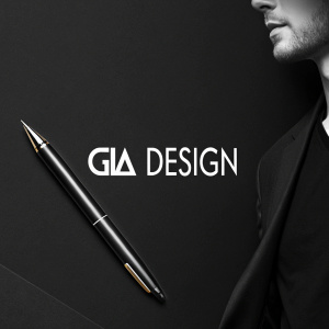 GIA Design logo, featuring angular sans-serif typography on a stark black background.
