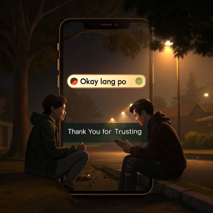 Screenshot of a WhatsApp conversation. Two friends chatting late night. Friendly messages 'okay lang po' and 'thank you for trusting'. Dark interface background, iPhone X screen, YouTube thumbnail visible