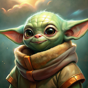 Cute Baby Yoda Grogu is smiling and playing with ball