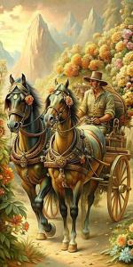 Un hombre conduciendo un carro tirado por dos caballos negros, mostrando determinación y control sobre su destino y las fuerzas opuestas. (Flores. Detalles finos. Alta definición. Finos detalles. Sin palabras.)