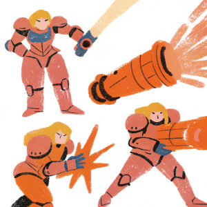 Digital artwork featuring Samus Aran from Metroid. Various poses showcasing her armored combat suit in vibrant blue. Dynamic action scenes.