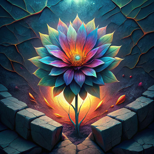  Create an image of a flower growing through a crack in the concrete. The flower should be in full bloom and the petals should be a bright, vibrant color. The concrete should be cracked and broken, with the flower growing up through the middle. The image should be a symbol of hope and resilience, showing that even in the most difficult of circumstances, life can still find a way to thrive.