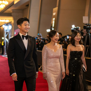 Park Seo-Joon, Kim Da-Mi, and Kwon Na-Ra attending a high-profile Hollywood premiere. Red carpet event. Backlit by flashing cameras and paparazzi. Luxurious venue