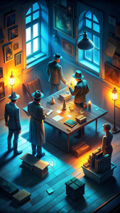 Imágenes de detectives en una sala de investigación, observando un tablero lleno de pistas