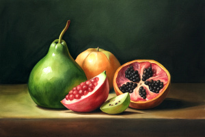 imagen es una pintura colorida que representa una naturaleza muerta.
Una variedad de frutas vibrantes.
Una sandía cortada mostrando su interior rojo y semillas negras.
Un racimo de uvas rojas.
Dos kiwis cortados por la mitad mostrando su centro verde brillante.
Manzanas rojas y verdes dispersas alrededor.
Naranjas enteras con su piel texturizada visible.
Un melón cortado revela su pulpa amarilla y semillas.
