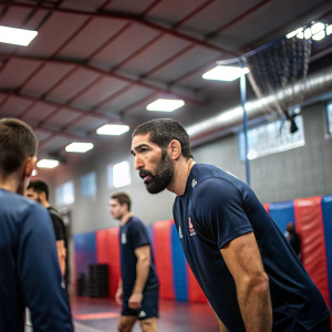 Nikola Karabatic and teammates in a tense training session. Modern gymnasium with high ceilings and bright lights.