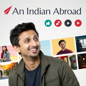 Homepage of 'An Indian Abroad' web series. Amol Parashar smiling in front of colorful social media icons and video thumbnails. Clean, modern design.