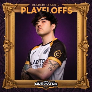 Promotional poster for Overwatch League Playoffs. Young man with dark hair and tattooed forearm, wearing a gladiator-themed jersey, serious expression. Set against an ornate golden frame with dark purple background.