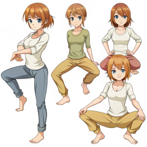 Generate simple anime character poses sketches. Focus on minimal line art with dynamic or relaxed poses, similar to drawing references used for character design. The characters should have basic body shapes without detailed features, with some poses including action stances and others relaxed, seated positions.