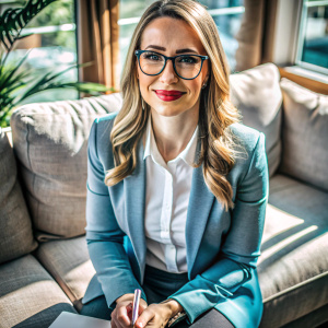 foto, primer plano de frente, mujer profesional Psicóloga, sola, sonriendo
