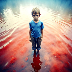 a dead child standing in red water