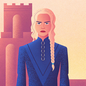 Digital portrait of Daenerys Targaryen, blonde hair, stern look. Illustration focuses on face and torso. Grayscale with warm tone. Stone structure background, softly blurred.