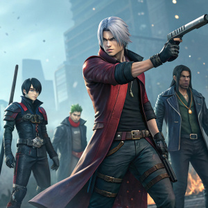 Digital artwork featuring Dante, Itachi Uchiha, Yozora, Vincent Valentine, Sosuke Aizen, and Zane Flynt. All characters from various video game and anime series, posed in a dynamic scene.