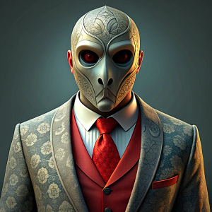 
A man wearing formal attire with a serious expression and an Anonymous mask.
