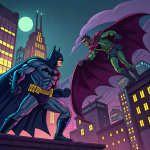 Colorful digital illustration of Batman in Gotham City, fighting a demonic bat creature. Both characters are rendered in a vibrant comic book style. Batman's physique is prominently featured in the foreground.