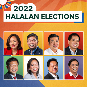 Infographic for 2022 Halalan Elections. Vibrant color scheme. Grid layout featuring headshots and names of presidential and vice presidential candidates.