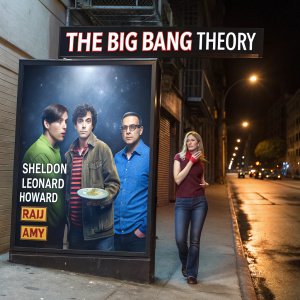 Promotional billboard for 'The Big Bang Theory'. Dark urban alley backdrop. The main characters are Sheldon, Leonard, Howard, Raj, and Amy. Each character is uniquely illustrated, reflecting their quirky personalities and dressed in their iconic outfits. The setting is surreal, blending science fiction and comedy.