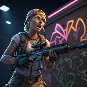 3D render of Fortnite character, looking shocked. Holding a rifle with brand logo. Dark backdrop with neon highlights and stylized graffiti elements.