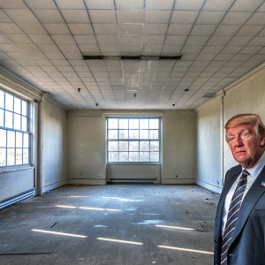 Meme: Donald Trump, sporting a stern look, standing alone in an empty room.