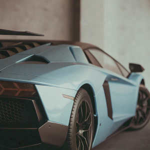 High-end concept car render: A Lamborghini Aventador SV Roadster, neon blue with sharp black detailing. Futuristic design with aerodynamic curves and prominent rear wing. Set against a digital backdrop.