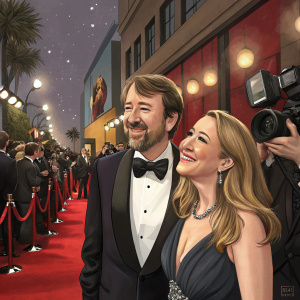 David Mitchell and Victoria Coren at a bustling awards show. Red carpet surrounded by flashing cameras and paparazzi.