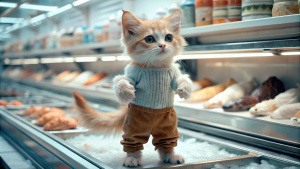 A realistic image of a light red fluffy anthropomorphic kitten in trousers stands in a supermarket. On the shelf there are (((((pieces of ice and fish))))) The kitten looks at the fish and licks its lips. He really wants to eat fish.